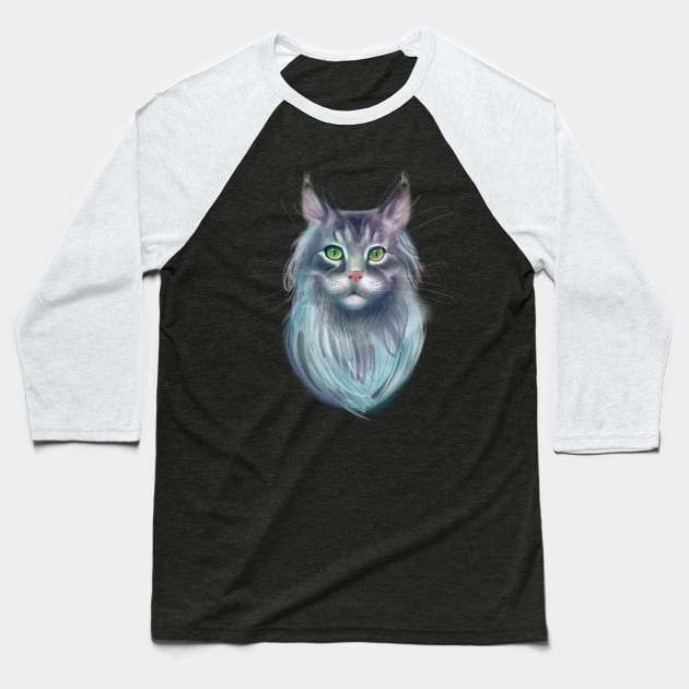 Grey Maine Coon Cat with Green Eyes Baseball T-Shirt by meridiem